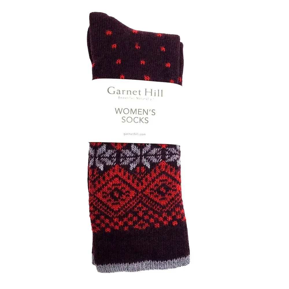 Garnet Hill Fair Isle Socks Sz 9-11 Warm Wool Cashmere Blend Crew Dk Maroon Red